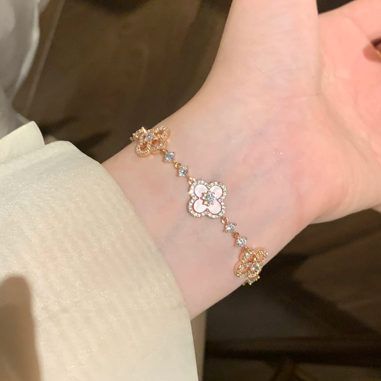 Pink Fritillary Four Leaf Clover Bracelet