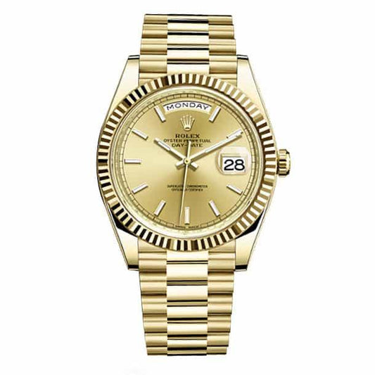RLX Day-Date 40 Presidential Champagne dial, Fluted Bezel, President bracelet, Yellow gold Watch 228238-0003