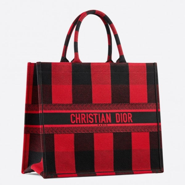D Book Tote Bag Check Embroidered Canvas