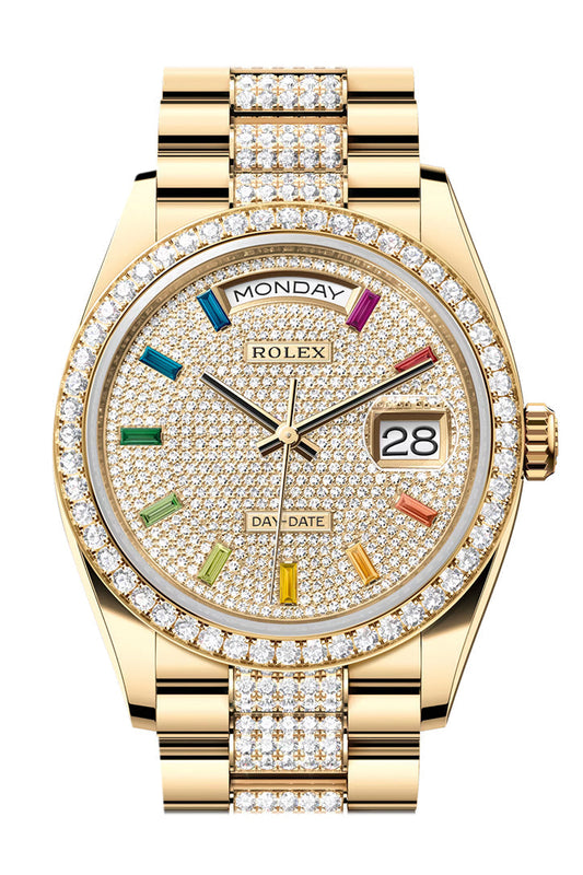 RLX Day-Date 36 Pave Dial Gold Diamond Bezel Watch 128348RBR-0031 128348RBR