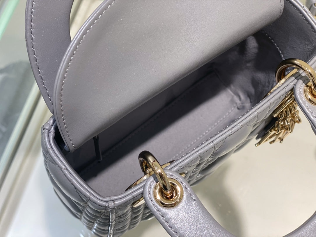Dior Opaline Grey Lambskin Mini Lady Dior Bag 17x15x7cm
