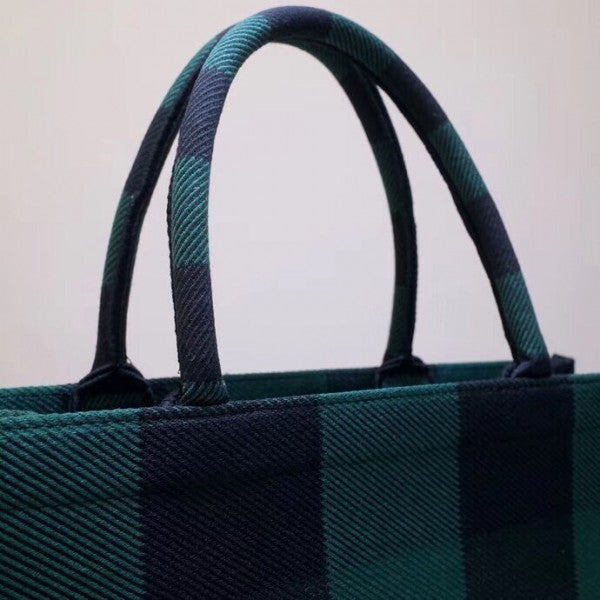 D Book Tote Bag Check Embroidered Canvas