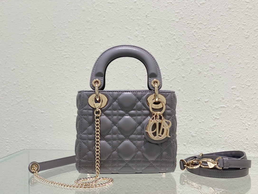 Lady Dior Bag Latte Cannage Lambskin Bag Grey 17x15x7cm
