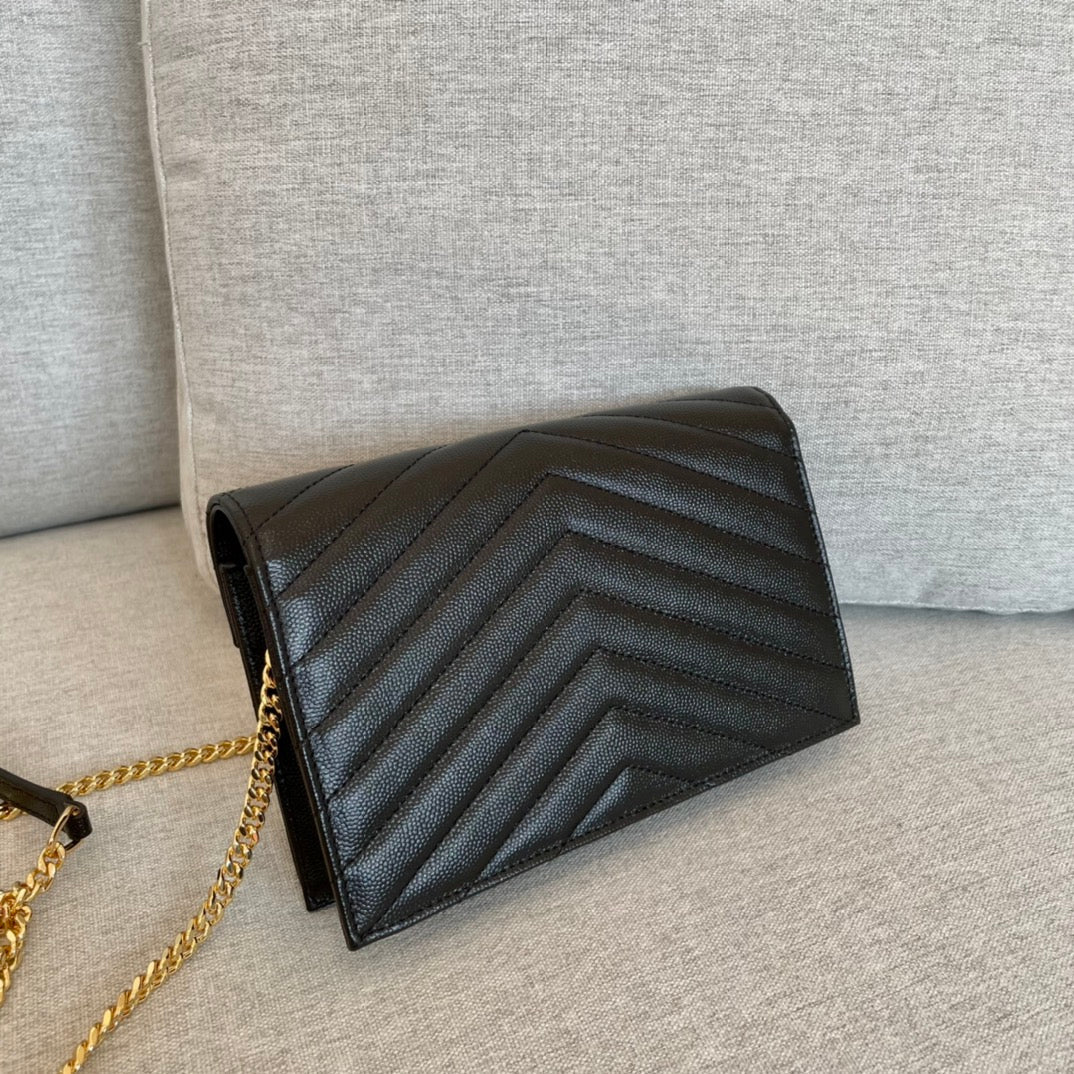 YSL Cassandre Envelope Chain Wallet Black Grain Leather Golden Hardware 19 cm