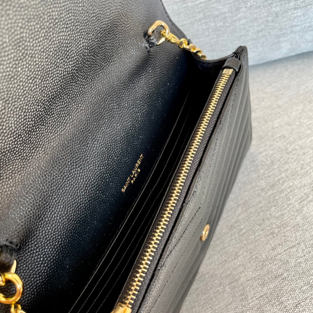 YSL Cassandre Envelope Chain Wallet Black Grain Leather Golden Hardware 19 cm