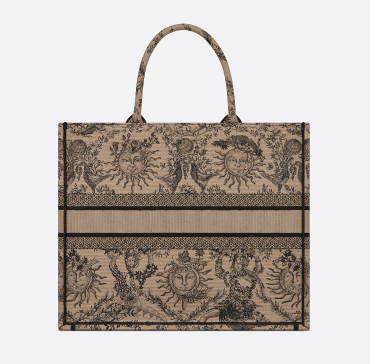 D Book Tote Beige and Black Toile de Jouy Soleil Embroidery