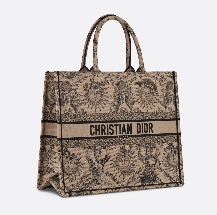 D Book Tote Beige and Black Toile de Jouy Soleil Embroidery