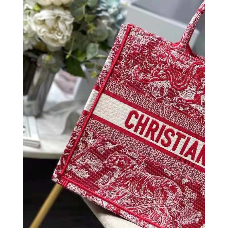 CD Unisex Medium Book Tote Burgundy Toile De Jouy Stripes Embroidery