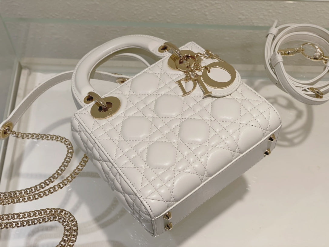Lady Dior Bag Latte Cannage Lambskin Bag White 17x15x7cm