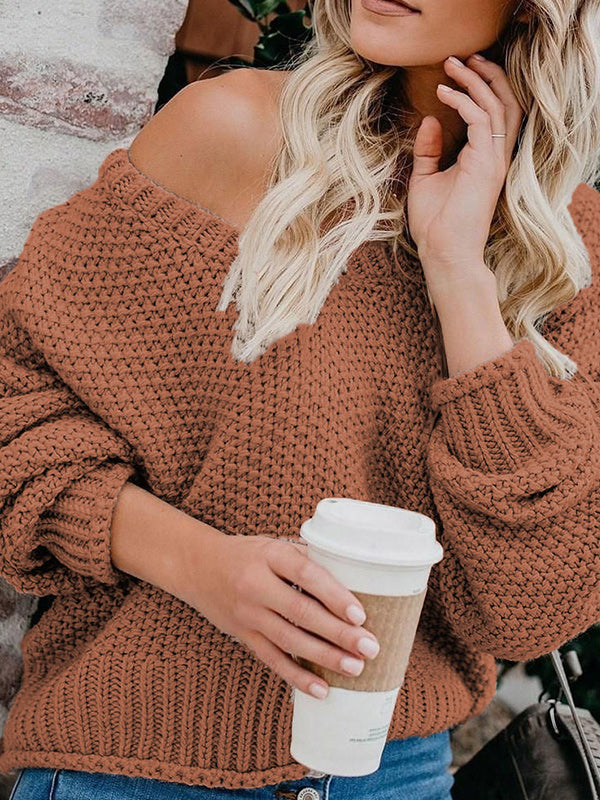 Pull à tricoter ample à col en V de couleur unie