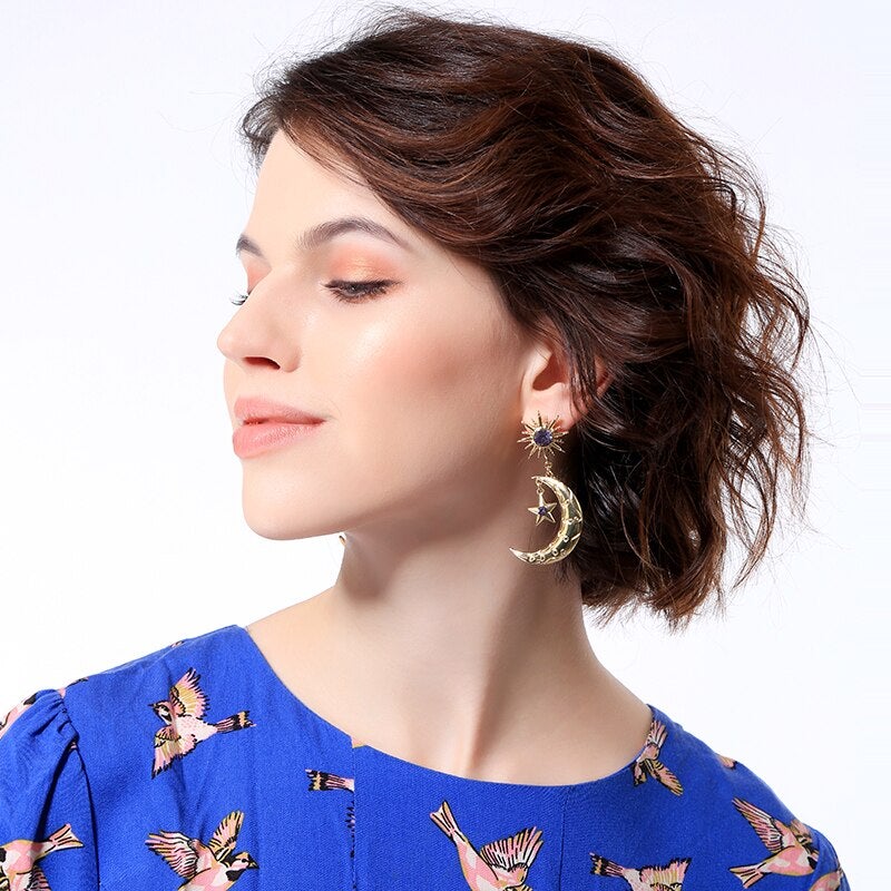 Crystal Crescent Moon & Star Earrings