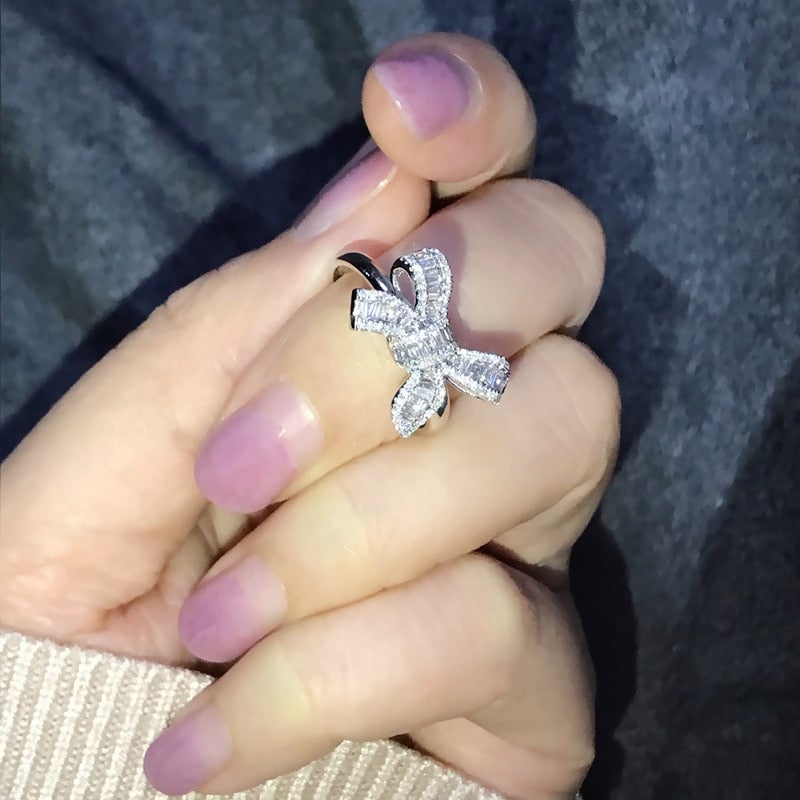 Crystal Silver Bow Ring