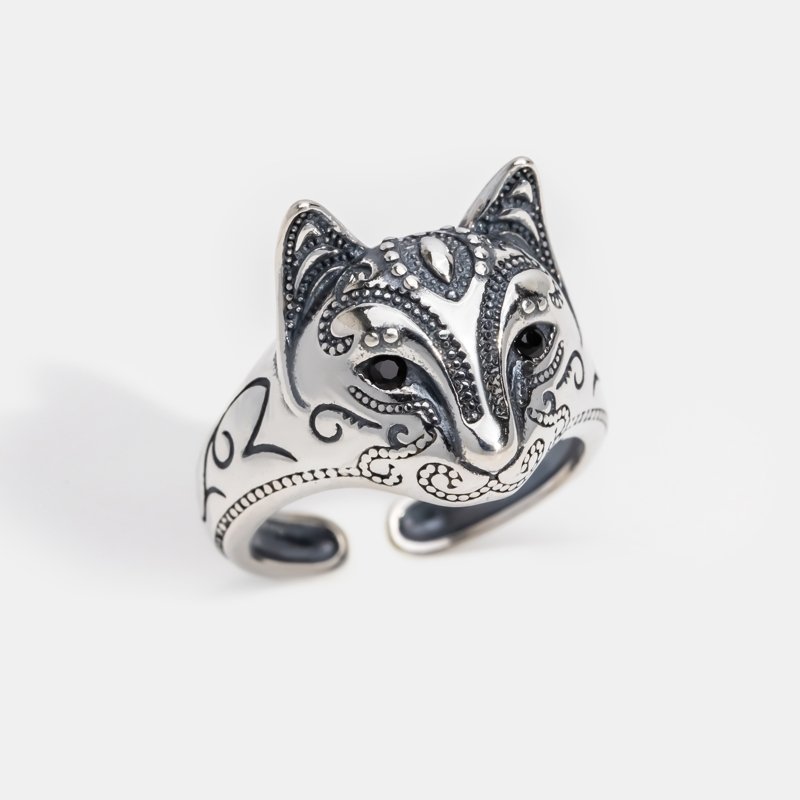 Bague masque de chat en argent vintage
