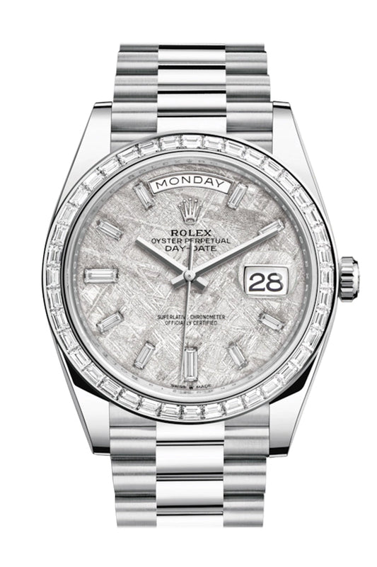RLX Day-Date 40 Meteorite Baguette Diamond Dial 40 Baguette Diamond Bezel Platinum President Automatic Men's Watch 228396TBR 228396