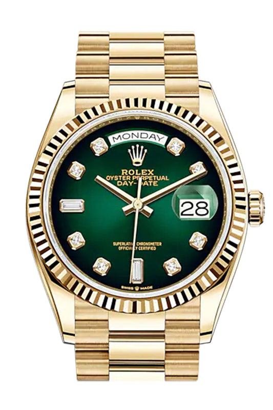 RLX Day-Date 36 Green Ombre Diamond Dial 18K Yellow Gold Watch 128238
