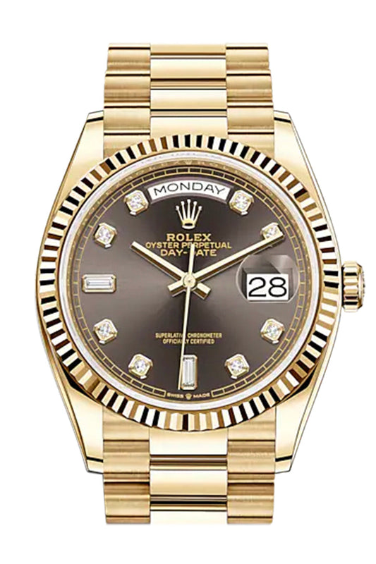 RLX Day-Date 36 Dark Grey Diamond Dial 18K Yellow Gold Watch 128238