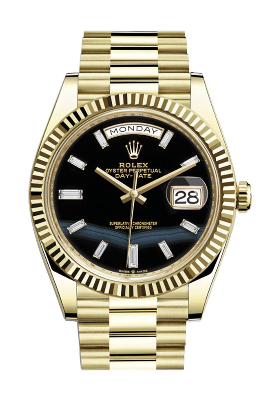RLX Day-Date 40 Onyx 10 Baguette Diamond Dial 18K Yellow Gold President Men's Watch 228238