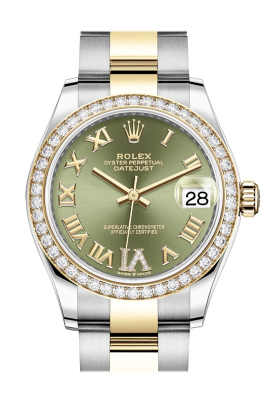 Rlx Datejust 31 Olive green Diamonds Dial Diamond Bezel Roman Yellow Gold Two Tone Watch 278383RBR 278383