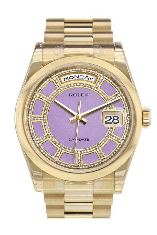 RLX Day-Date 36 Carousel lavender jade Diamonds Dial President Yellow Gold Watch 118208