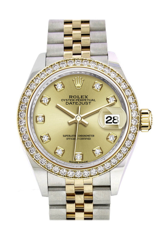 Rlx Datejust 28 Champagne set with diamonds Dial Diamond Bezel Yellow Gold Jubilee Ladies Watch 279383RBR 279383