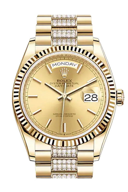 RLX Day-Date 36 Champagne Stick Dial 18K Yellow Gold Watch Diamond set president Bracelet 128238