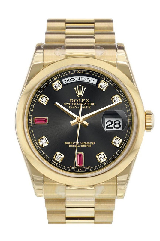 RLX Day-Date 36 Black Diamonds and rubies Dial President Yellow Gold Watch 118208