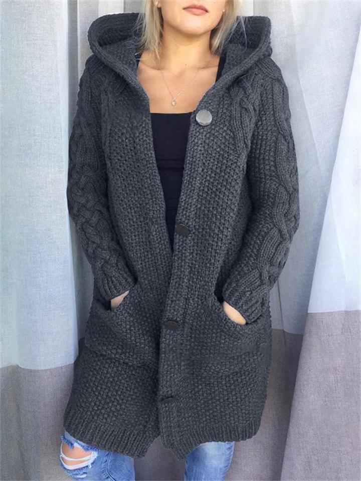 Cardigan long à capuche boutonné chaud pour femmes
