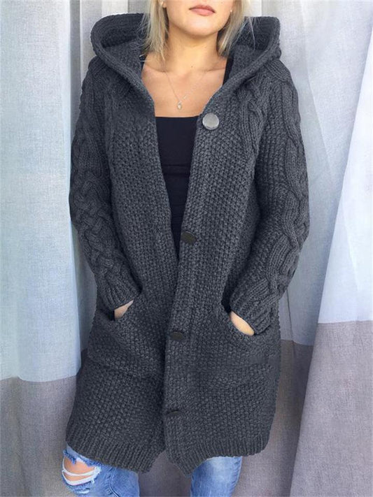 Cardigan long à capuche boutonné chaud pour femmes