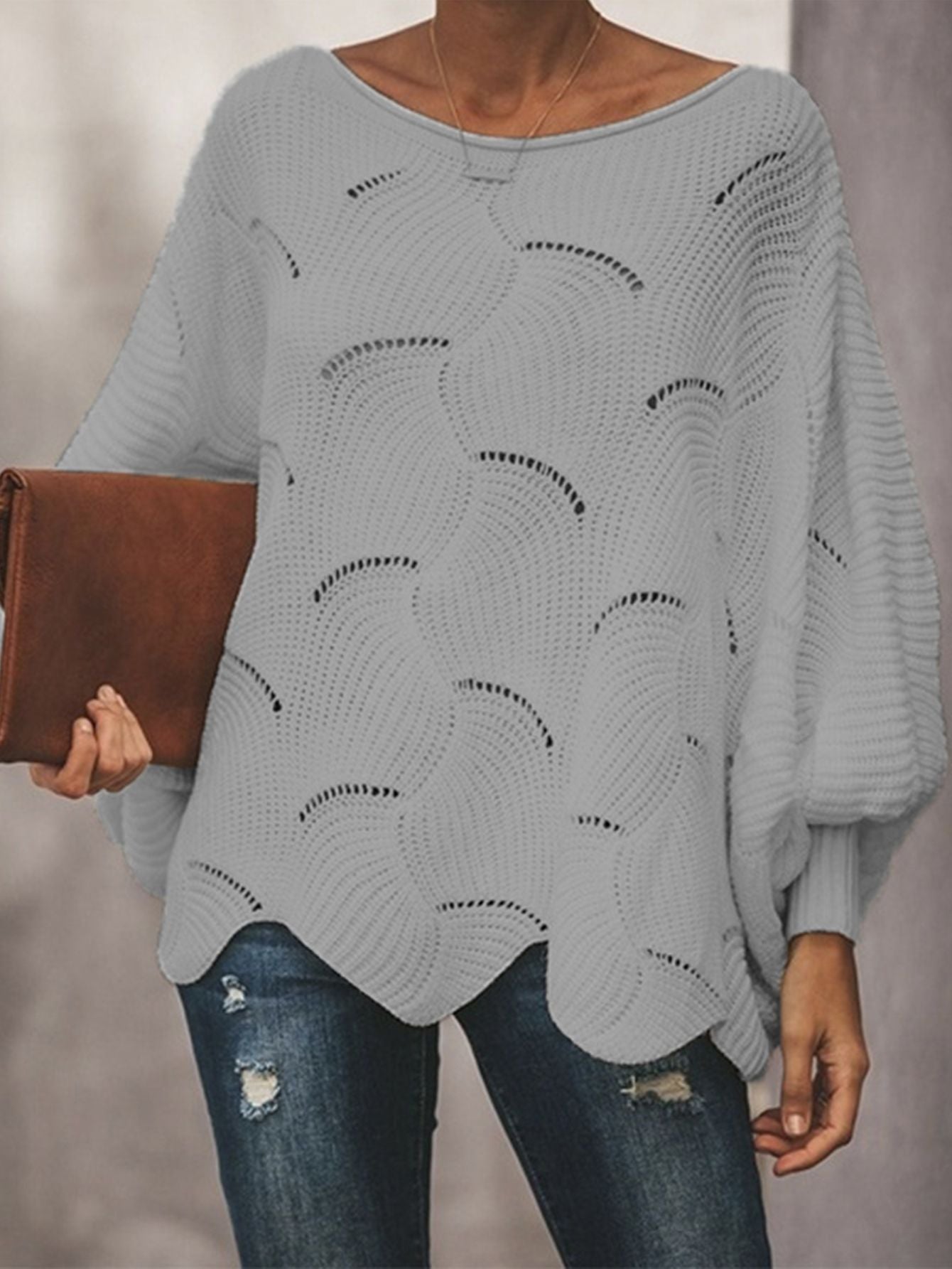 2021 automne élégant lâche évider lanterne manches col rond pulls chandails