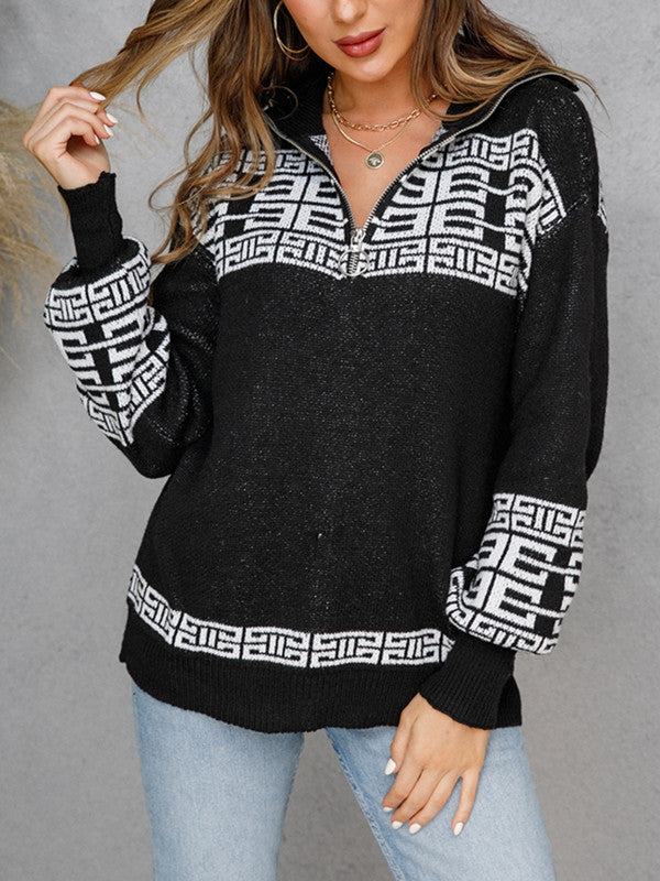 Casual Zipper Up Knit Lapel Sweater