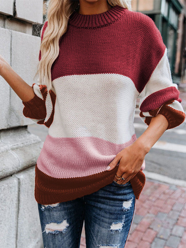 Round Neck Color Block Loose Sweater