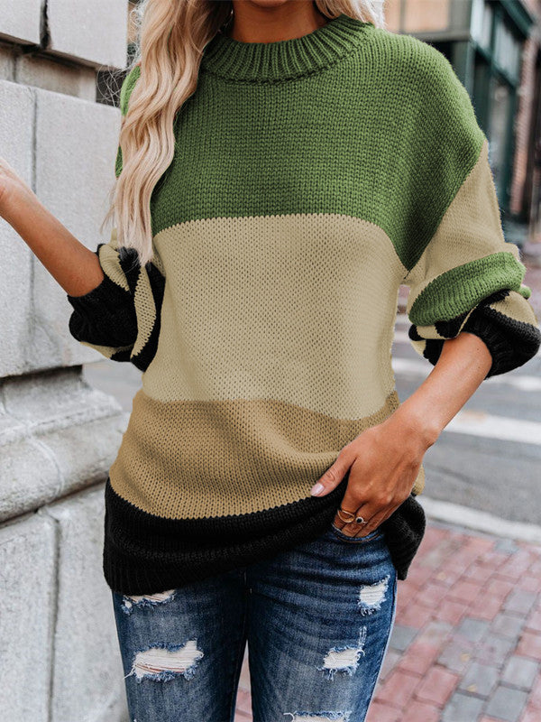 Round Neck Color Block Loose Sweater