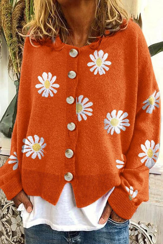 Cardigan pull en tricot à broderie florale à col rond 