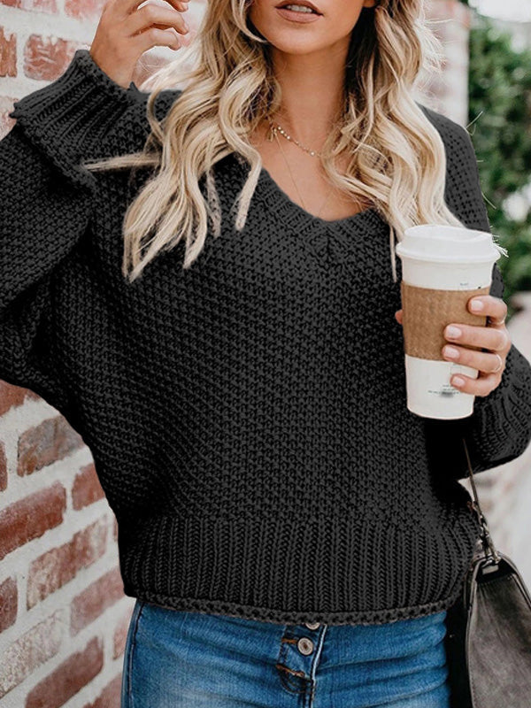 Pull à tricoter ample à col en V de couleur unie