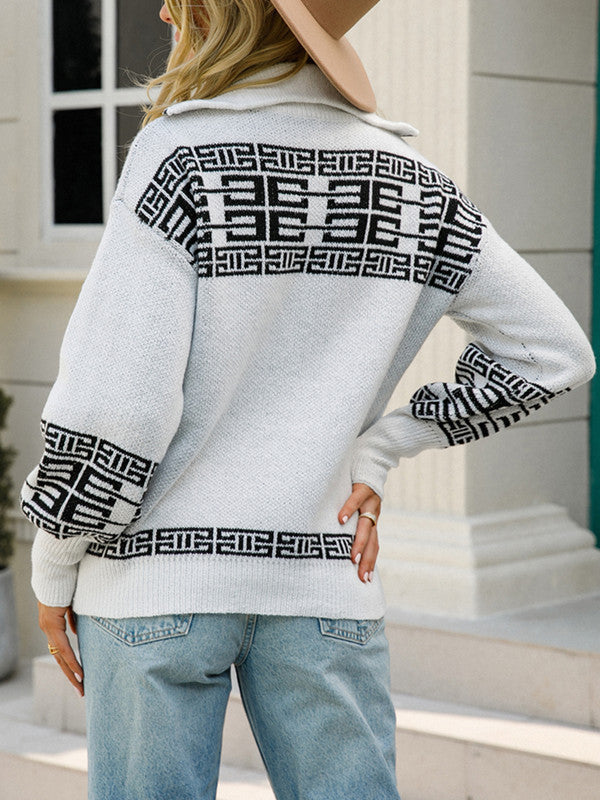 Casual Zipper Up Knit Lapel Sweater