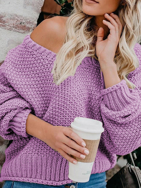 Pull à tricoter ample à col en V de couleur unie