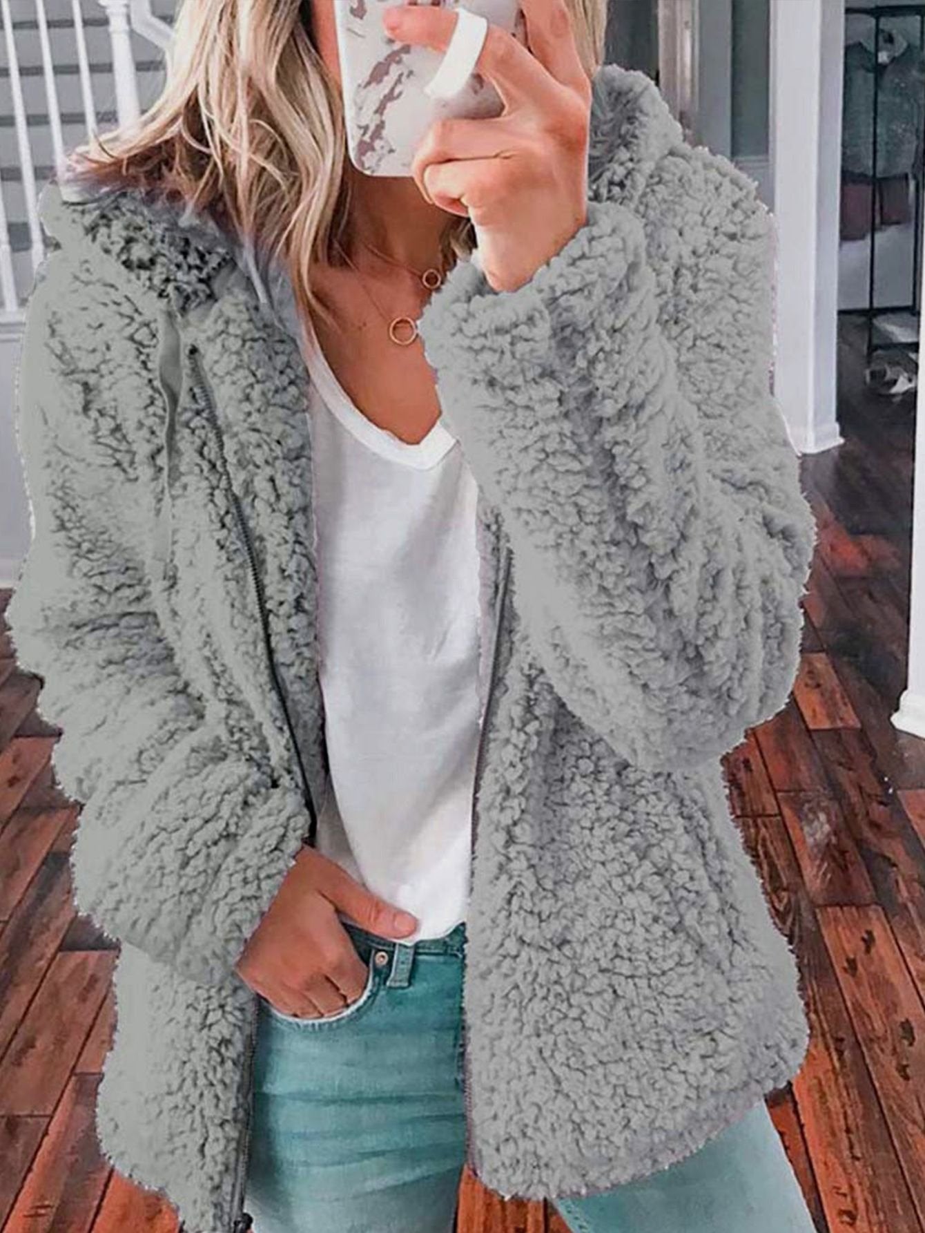 2021 mode fermeture éclair en peluche polaire couleur unie hauts à capuche pulls décontractés manteau