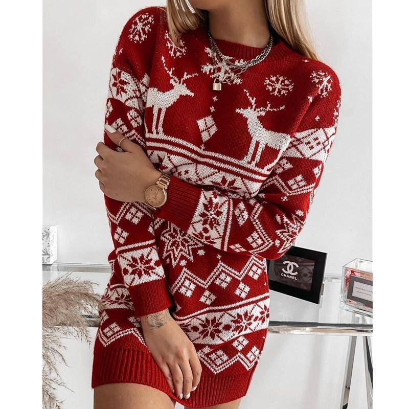 Robe en tricot jacquard Elk Snow Christmas pour femme 