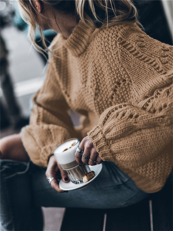 Pull ras du cou de couleur unie évider pull 