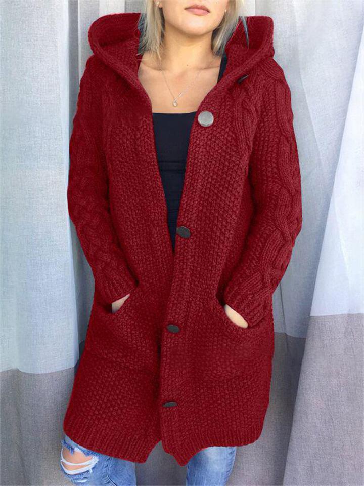 Cardigan long à capuche boutonné chaud pour femmes