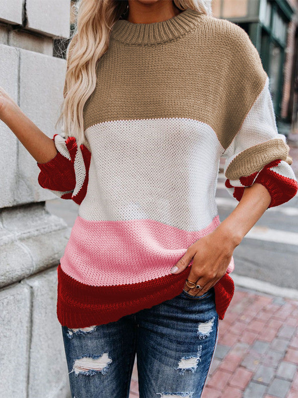 Round Neck Color Block Loose Sweater