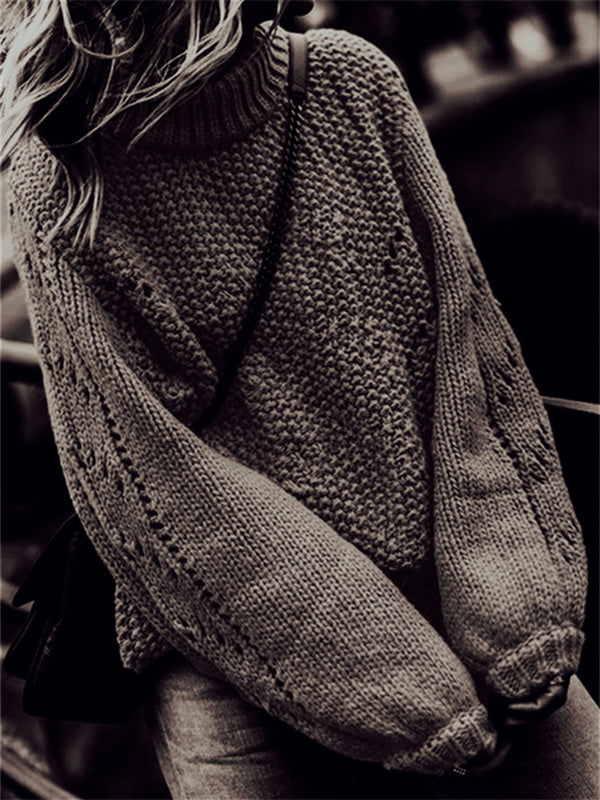 Pull ras du cou de couleur unie évider pull 