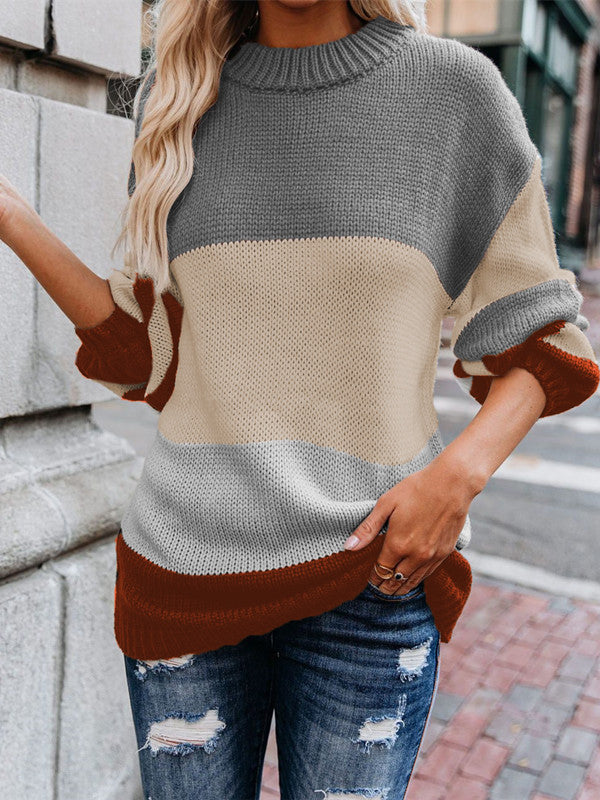 Round Neck Color Block Loose Sweater