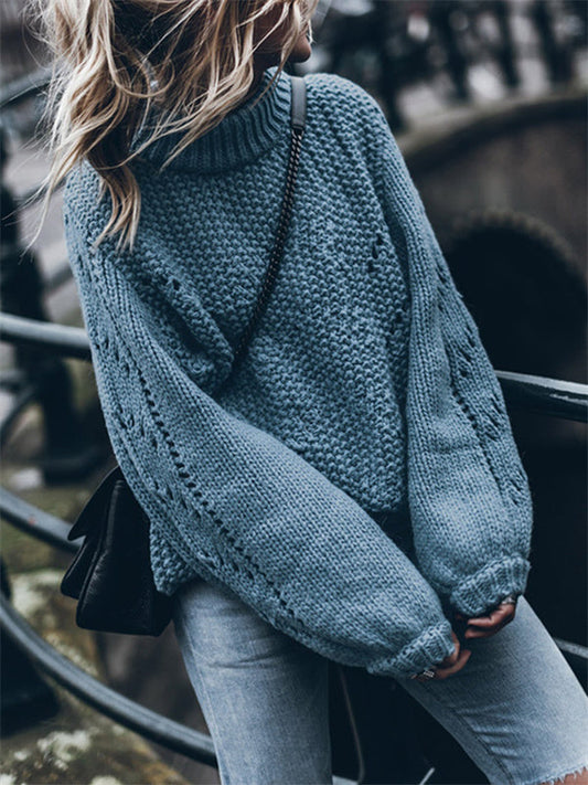 Pull ras du cou de couleur unie évider pull 