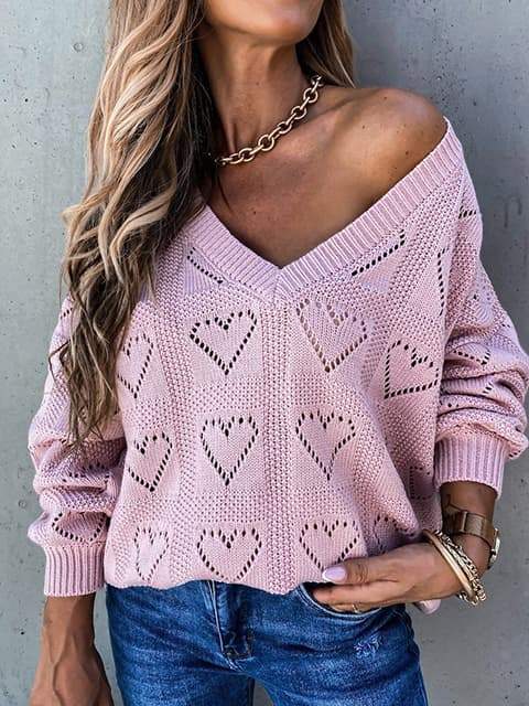 Pull à col en V évidé à cœur uni