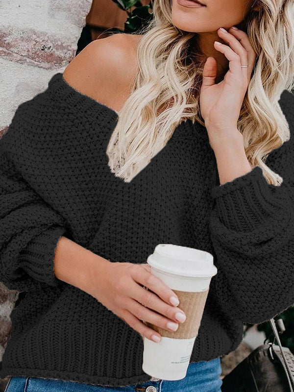 Pull à tricoter ample à col en V de couleur unie