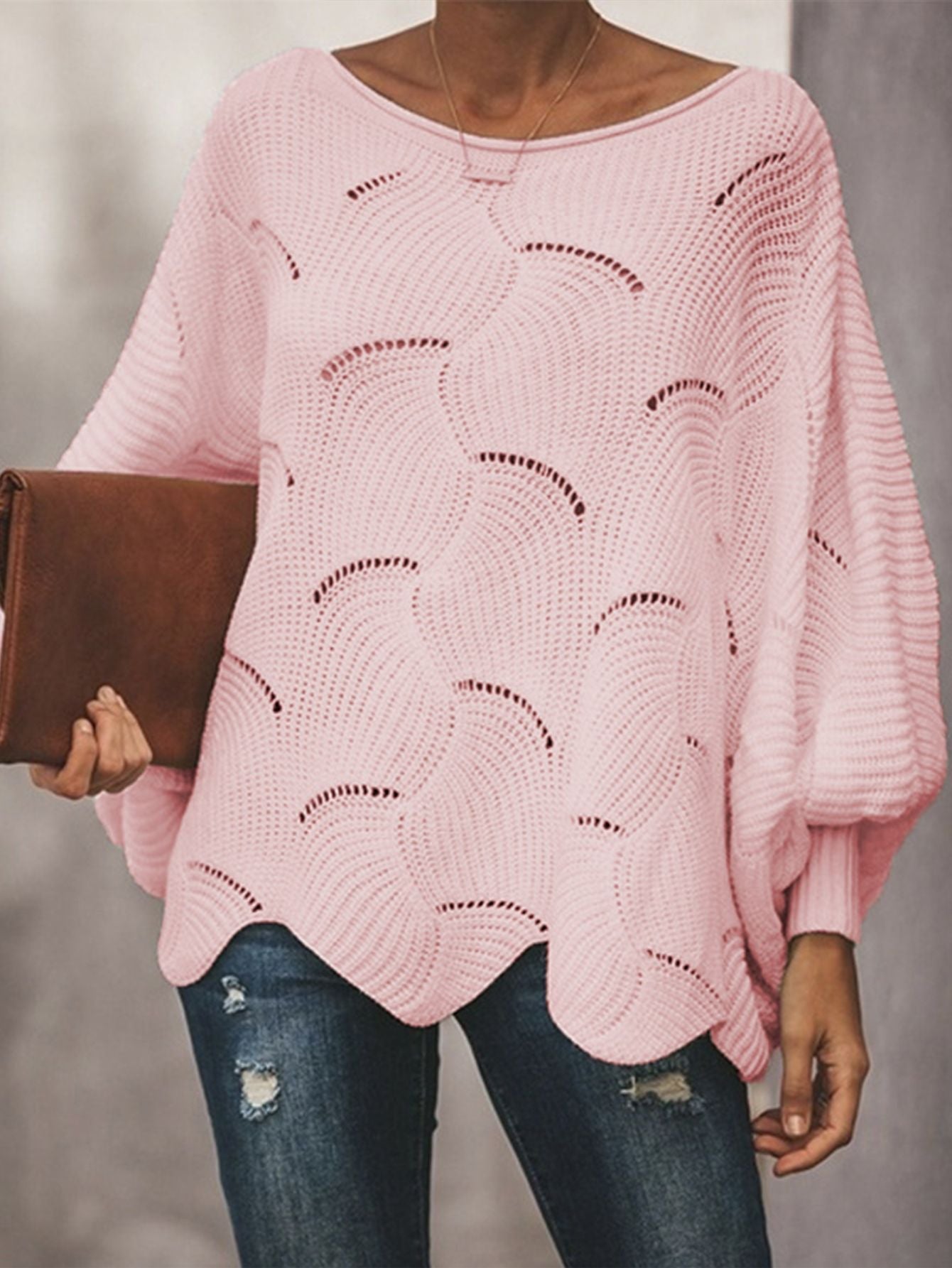 2021 automne élégant lâche évider lanterne manches col rond pulls chandails