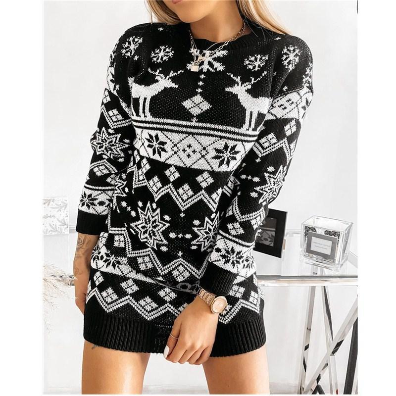 Robe en tricot jacquard Elk Snow Christmas pour femme 