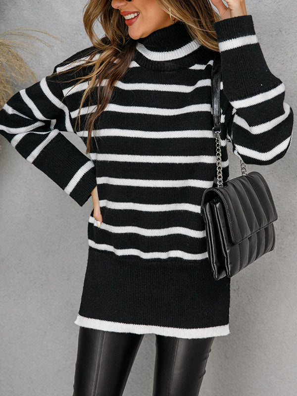 Casual Crewneck Striped Slit Sweater