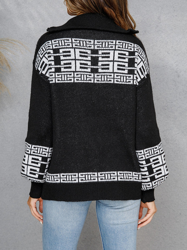 Casual Zipper Up Knit Lapel Sweater